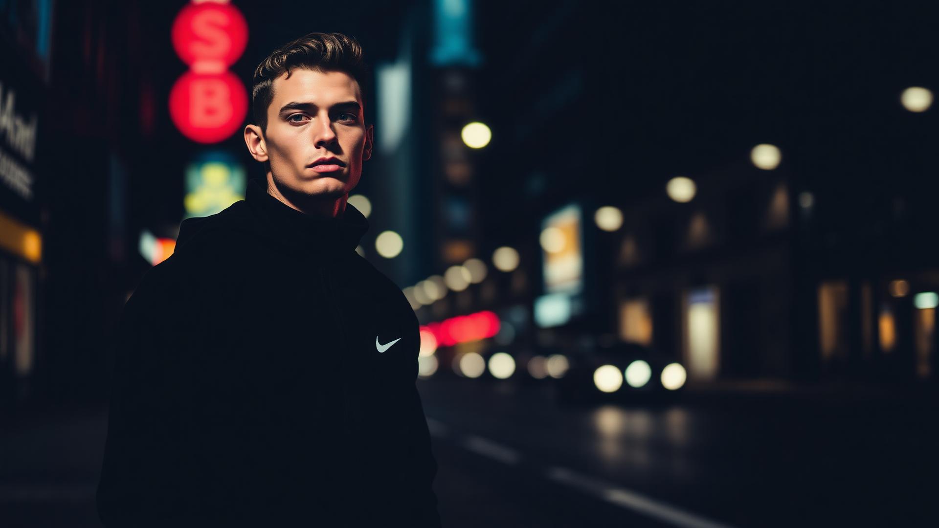 Μοντέλο με Nike Tech Fleece φόρμα σε νυχτερινό αστικό σκηνικό